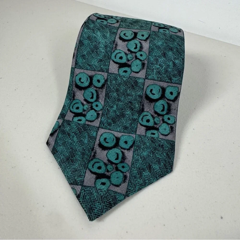 LEO Chevalier Silk Tie Teal Geometric Pattern Made in Canada Career Office Wear